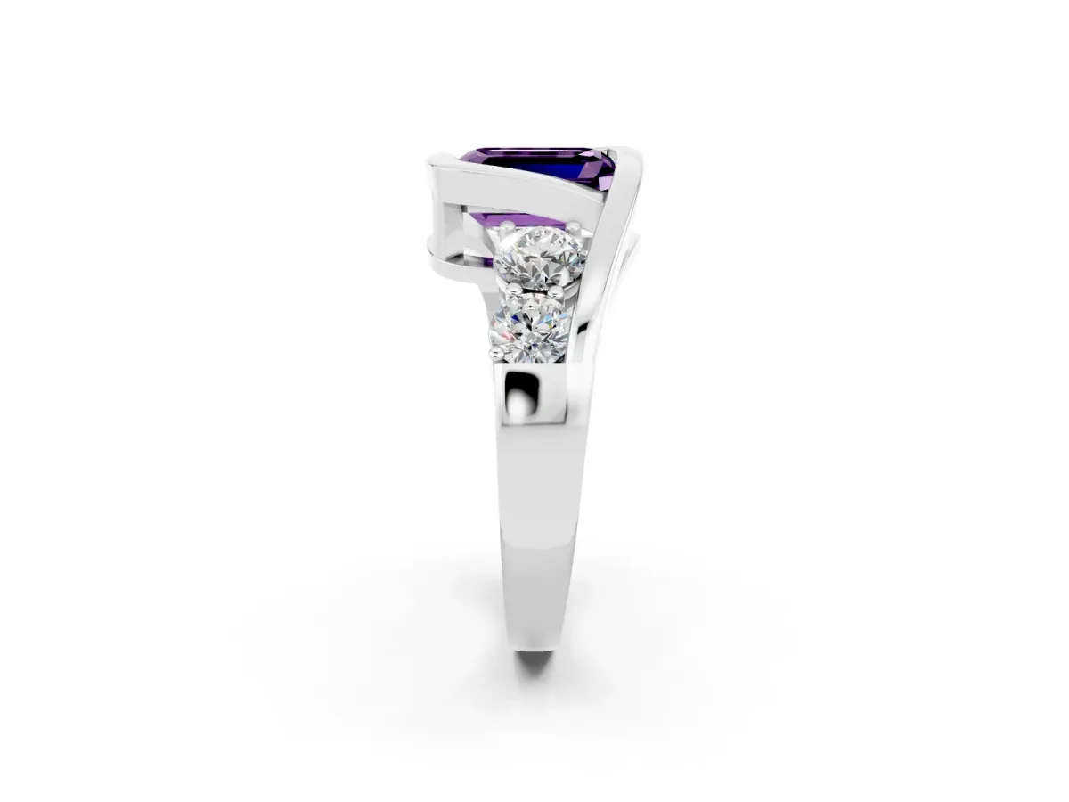 Bezel Set Emerald Cut Amethyst Bypass Ring with Round Accents Platinum