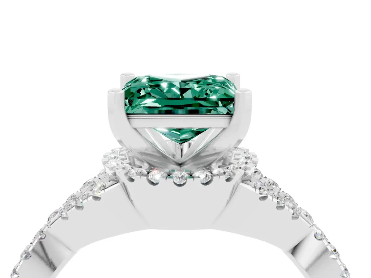 Princess Cut Green Sapphire Halo Twist Band Solitaire Prong Setting Ring White gold