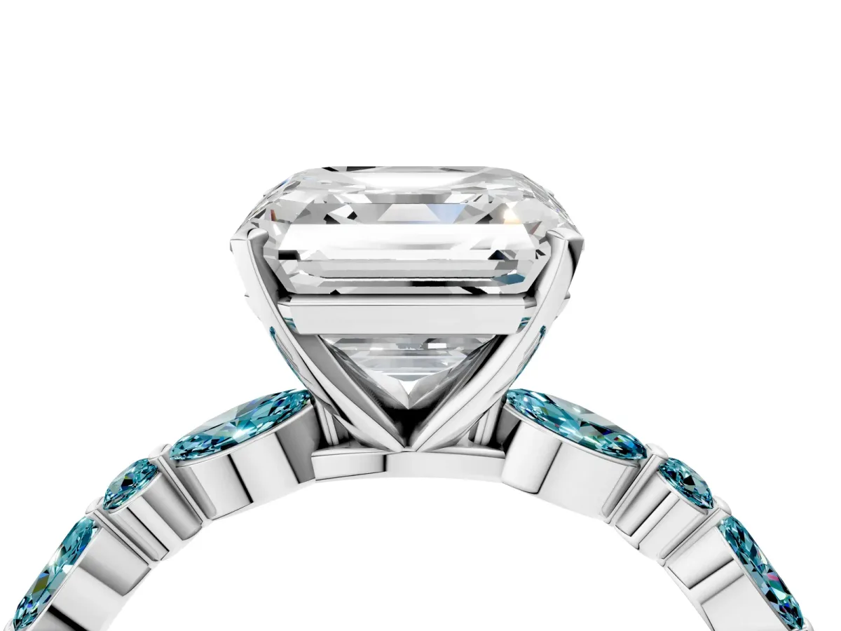 Asscher Cut Diamond Ring with Marquise and Round Blue Topaz Side Stones and Four-Prong Setting White gold