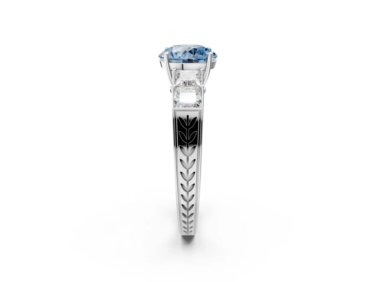 Fancy Blue Round Cut Solitaire Princess Side Stone Engraved Band Prong Setting Ring White gold