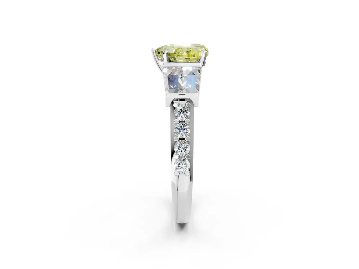 Fancy Yellow Heart Cut Diamond Engagement Ring with Baguette Side Stones and Channel Set Band Platinum