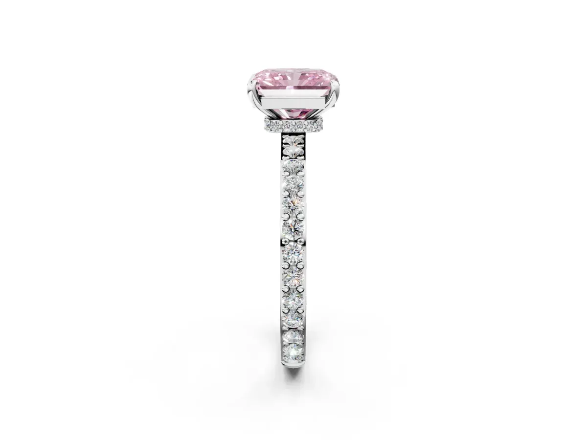 Fancy Pink Radiant Cut Diamond Solitaire Engagement Ring with Pavé Band and Four-Prong Setting White gold
