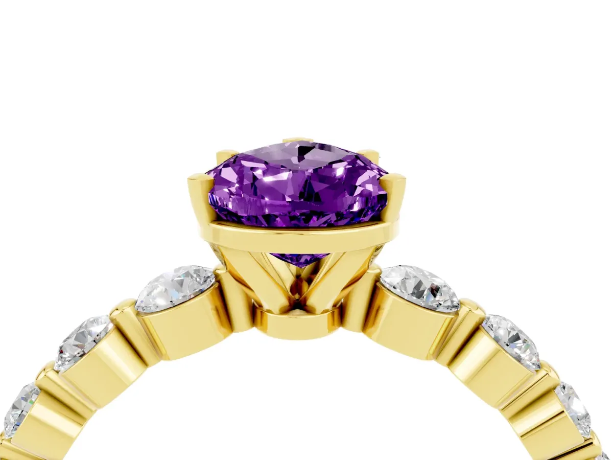 Pear Cut Solitaire Amethyst Ring with Pave Band and Four-Prong Setting Yellow gold