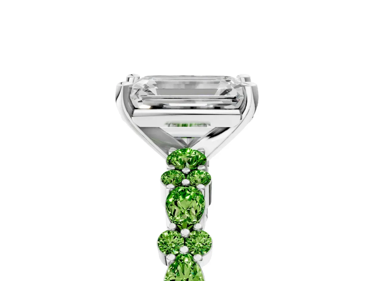 Emerald Cut Diamond Side Stone Solitaire Ring with Round Peridot and Four-Prong Setting Platinum