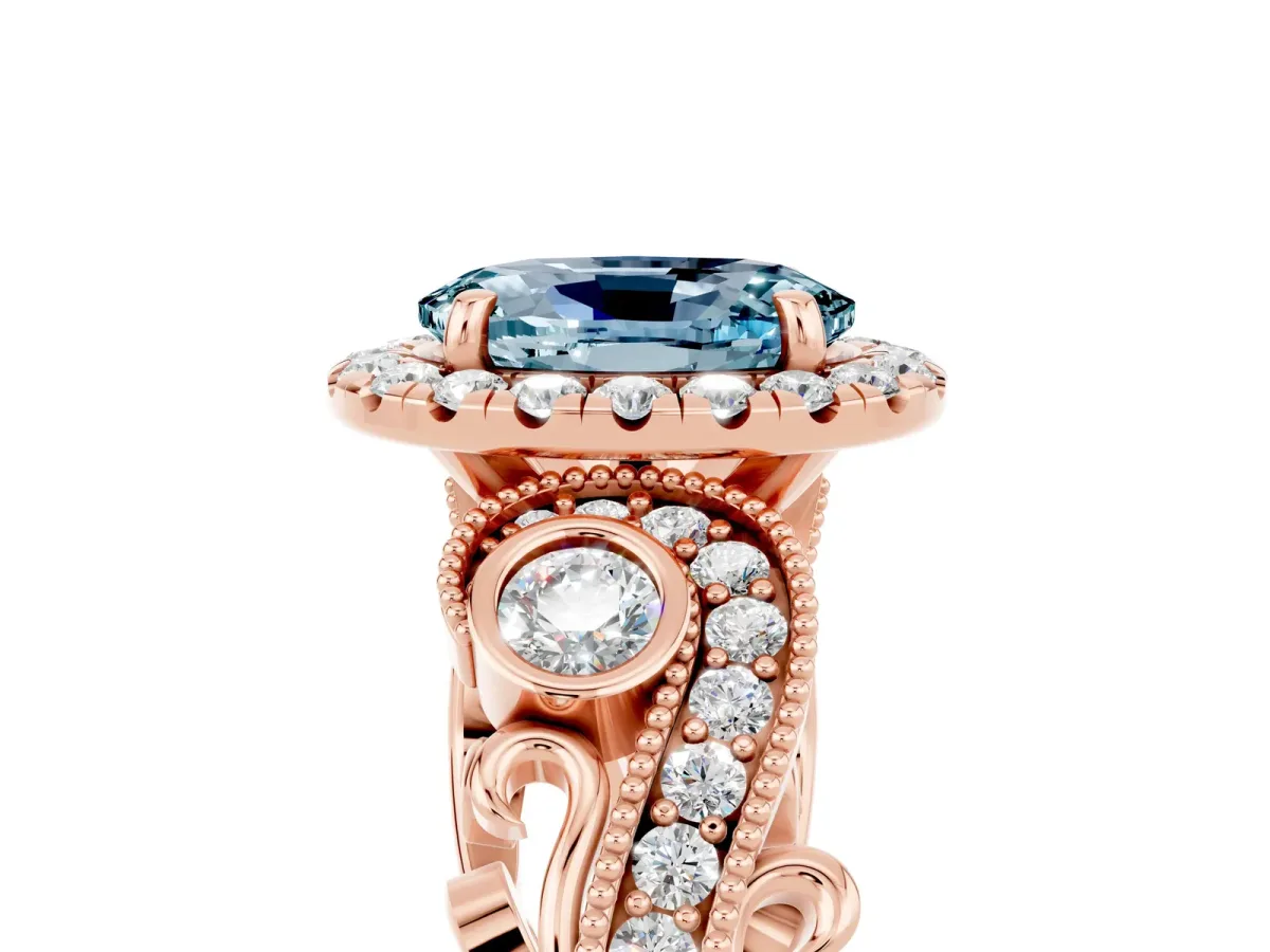 Oval Cut Aquamarine Halo Ring with Milgrain Pavé Band and Four-Prong Setting Rose gold