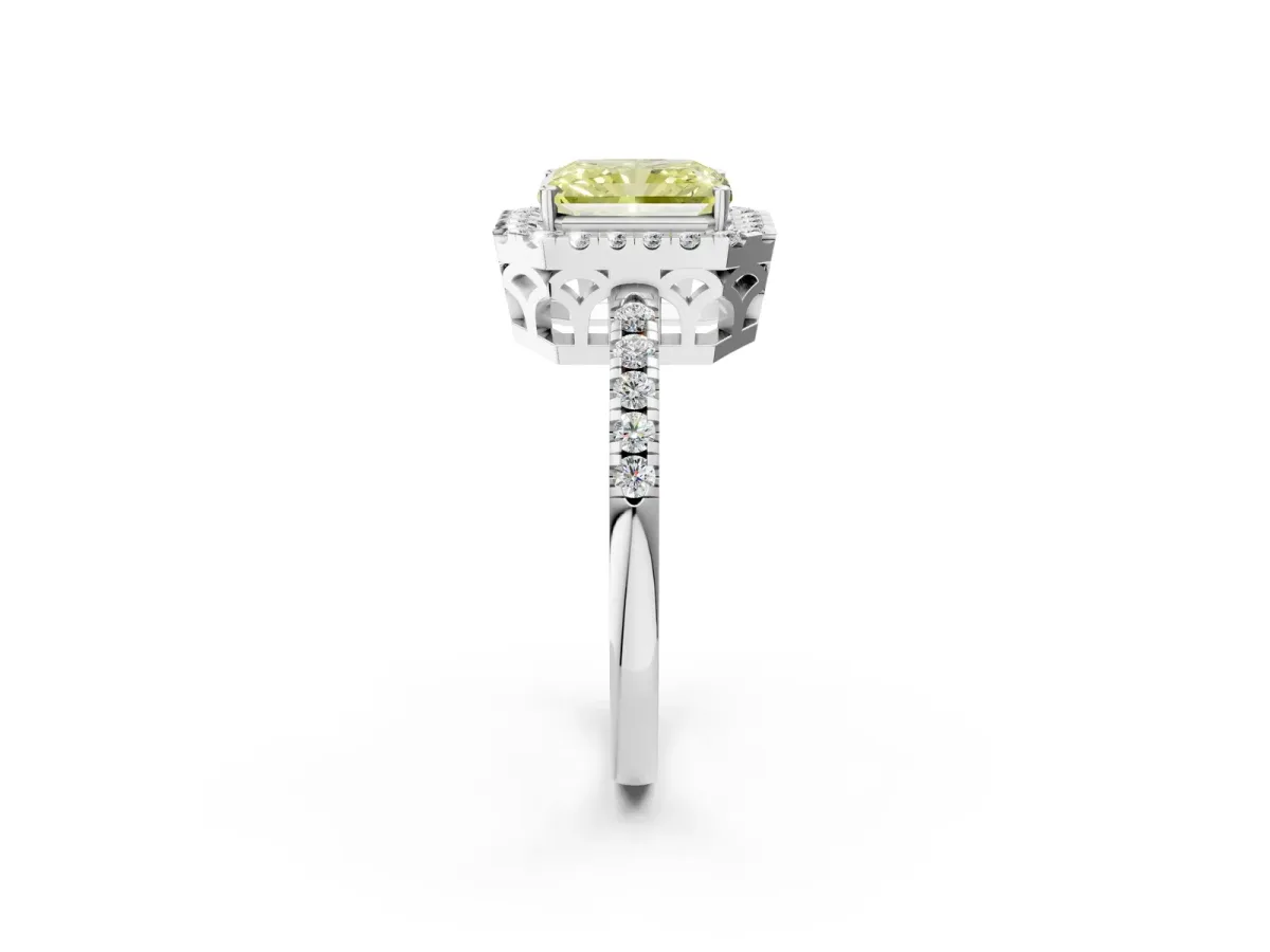 Fancy Yellow Radiant Cut Halo Diamond Engagement Ring with Pavé Band and Four-Prong Setting Platinum