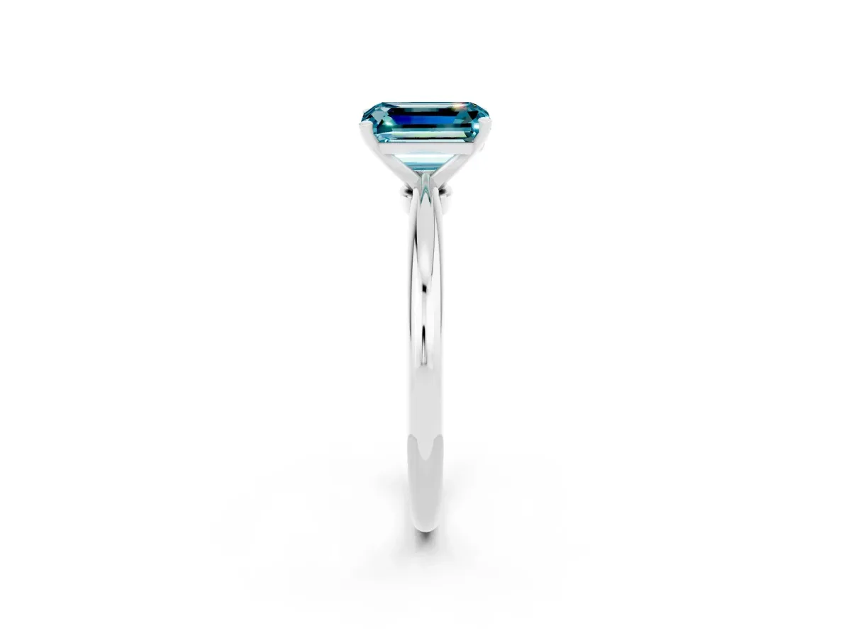 Emerald Cut Blue Topaz Solitaire Ring with Six-Prong Setting and Classic Band Platinum
