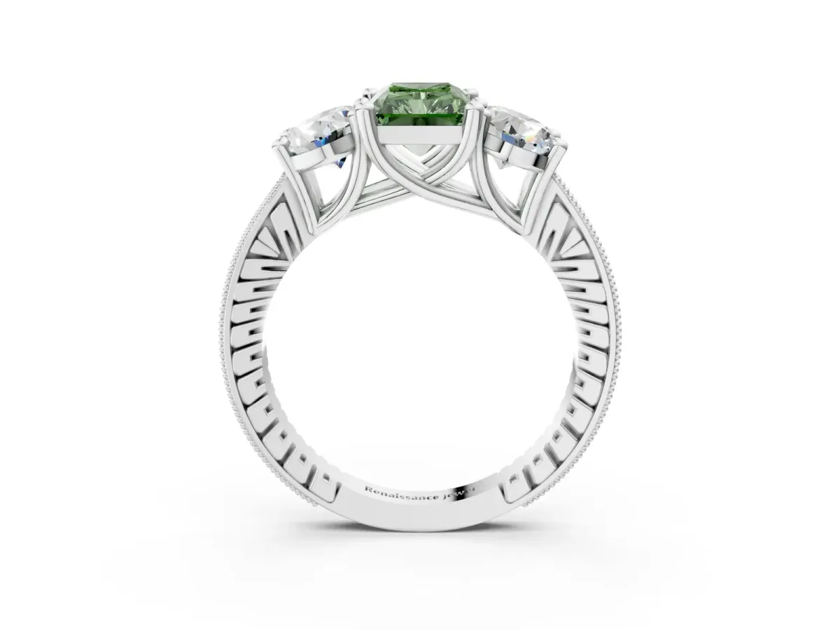 Fancy Green Three-Stone Radiant Cut Diamond Milgrain Pave Band with Prong Setting Platinum