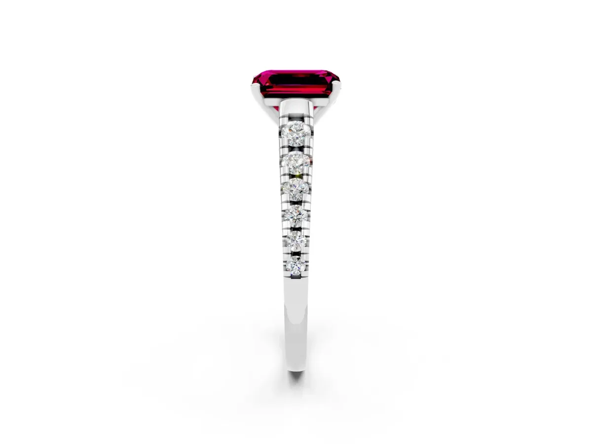 Emerald Cut Garnet Cathedral Solitaire Ring with Round Pavé Band White gold