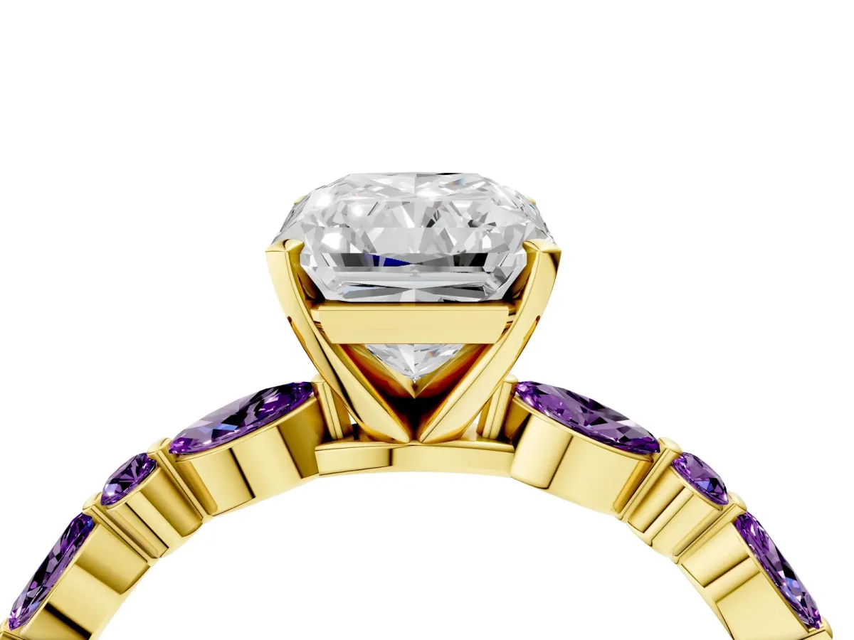 Radiant Cut Diamond Ring with Marquise and Round Amethyst Side Stones and Four-Prong Setting Yellow gold