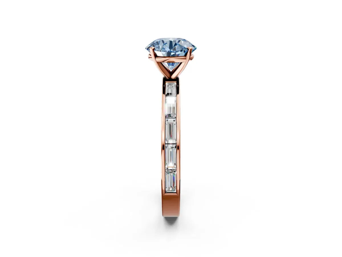 Fancy Blue Round Cut Solitaire Diamond Ring with Channel-Set Baguette Band and Four-Prong Setting Rose gold