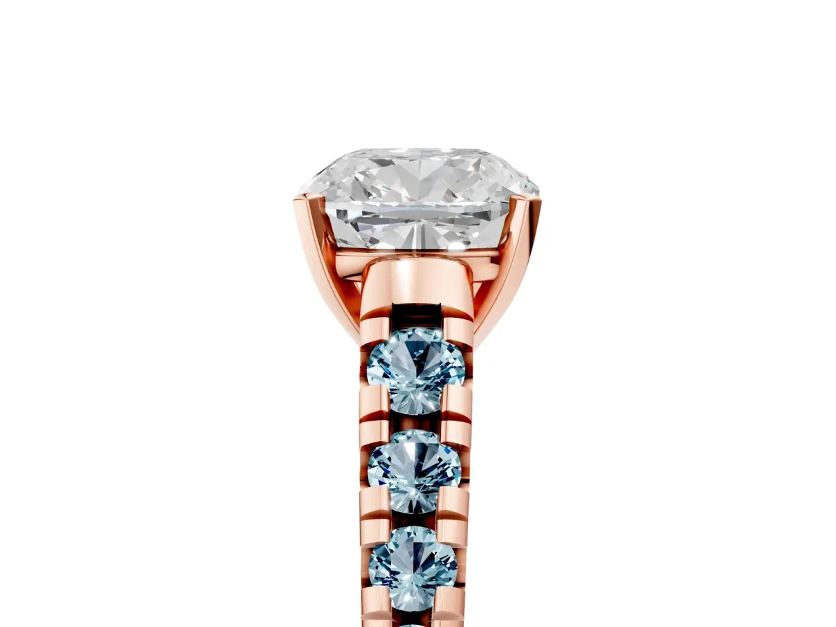 Cushion Cut Diamond Cathedral Solitaire Ring with Round Aquamarine Pavé Band Rose gold