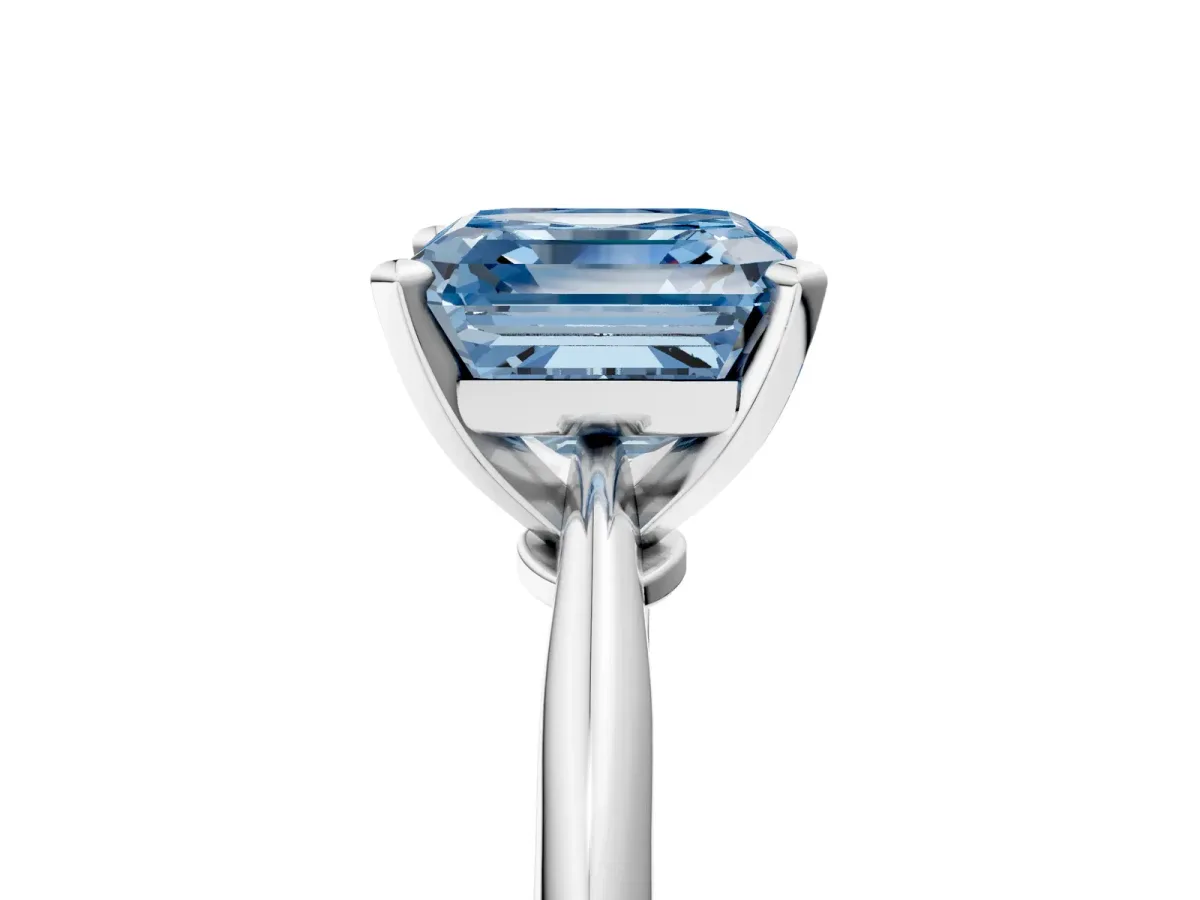 Fancy Blue Asscher Cut Diamond Solitaire Engagement Ring with Classic Band and Four-Prong Setting Silver