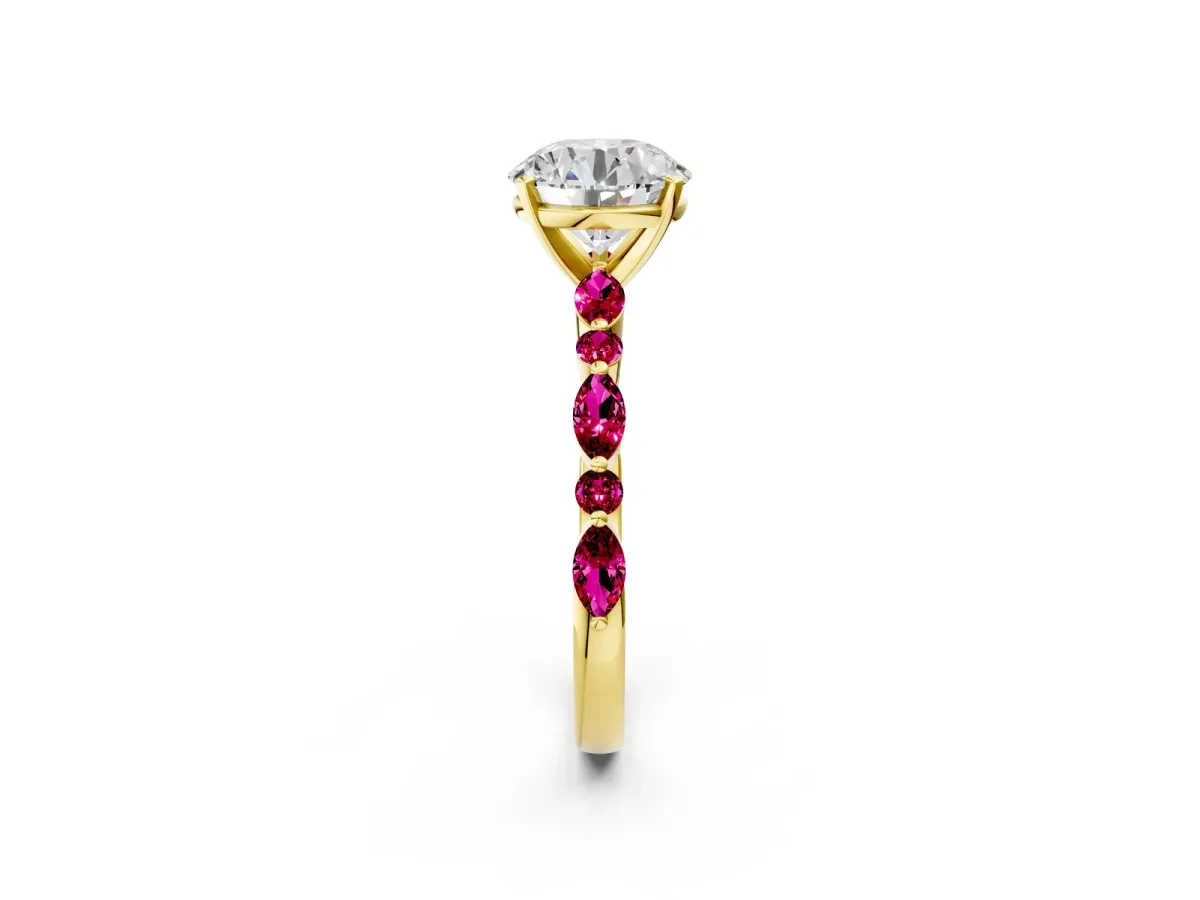 Round Cut Diamond Ring with Marquise and Round Garnet Side Stones and Four-Prong Setting Yellow gold