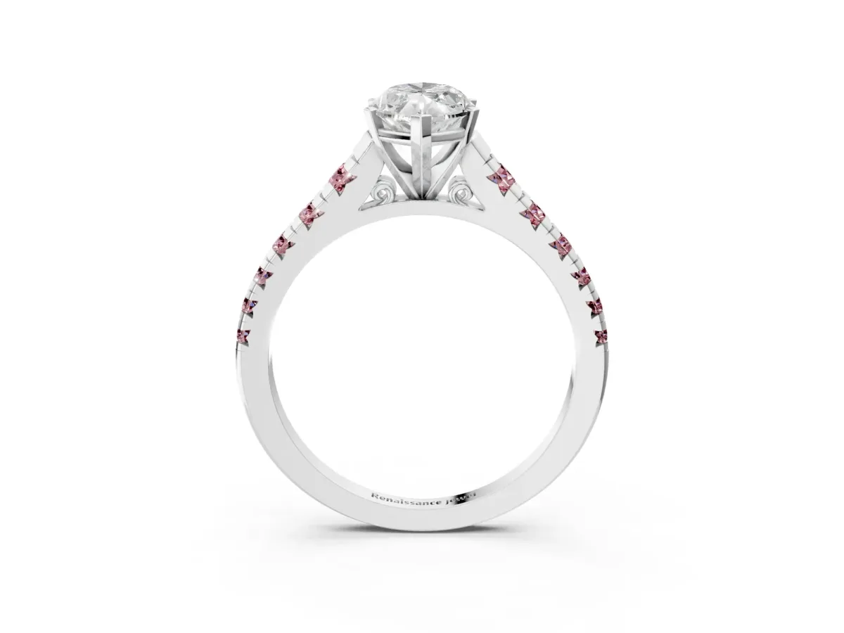 Marquise Cut Diamond Cathedral Solitaire Ring with Round Morganite Pavé Band Silver