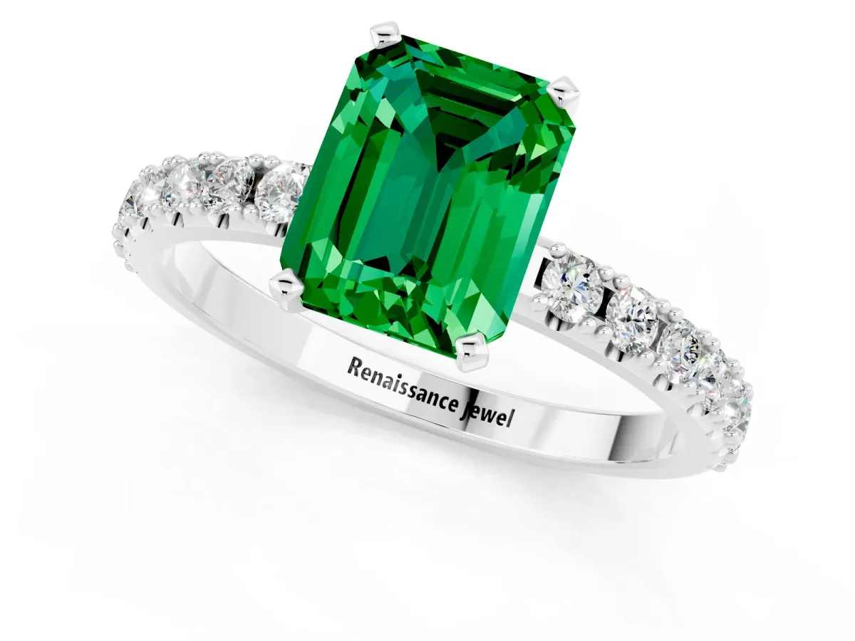 Emerald Cut Emerald Solitaire Pavé Band with Four-Prong Setting Silver