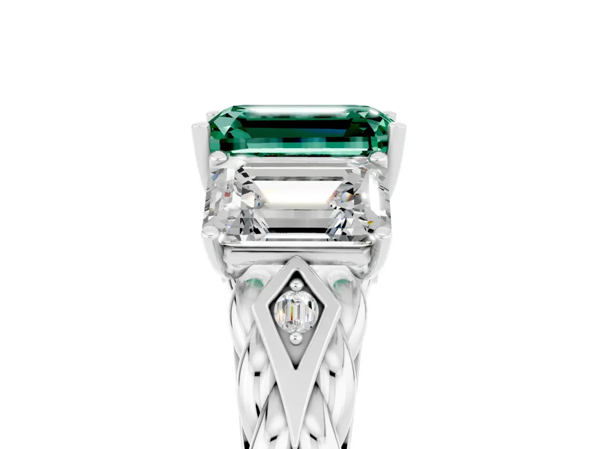 Three-Stone Emerald Cut Green Sapphire Braided Band Ring with Four-Prong Setting Platinum