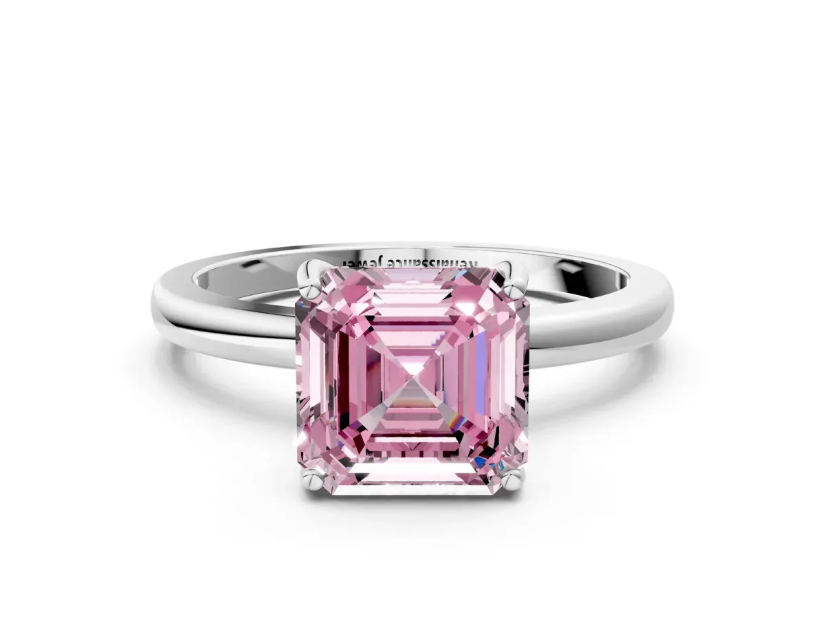 Fancy Pink Asscher Cut Solitaire Diamond Ring with Prong Setting and Plain Band Silver