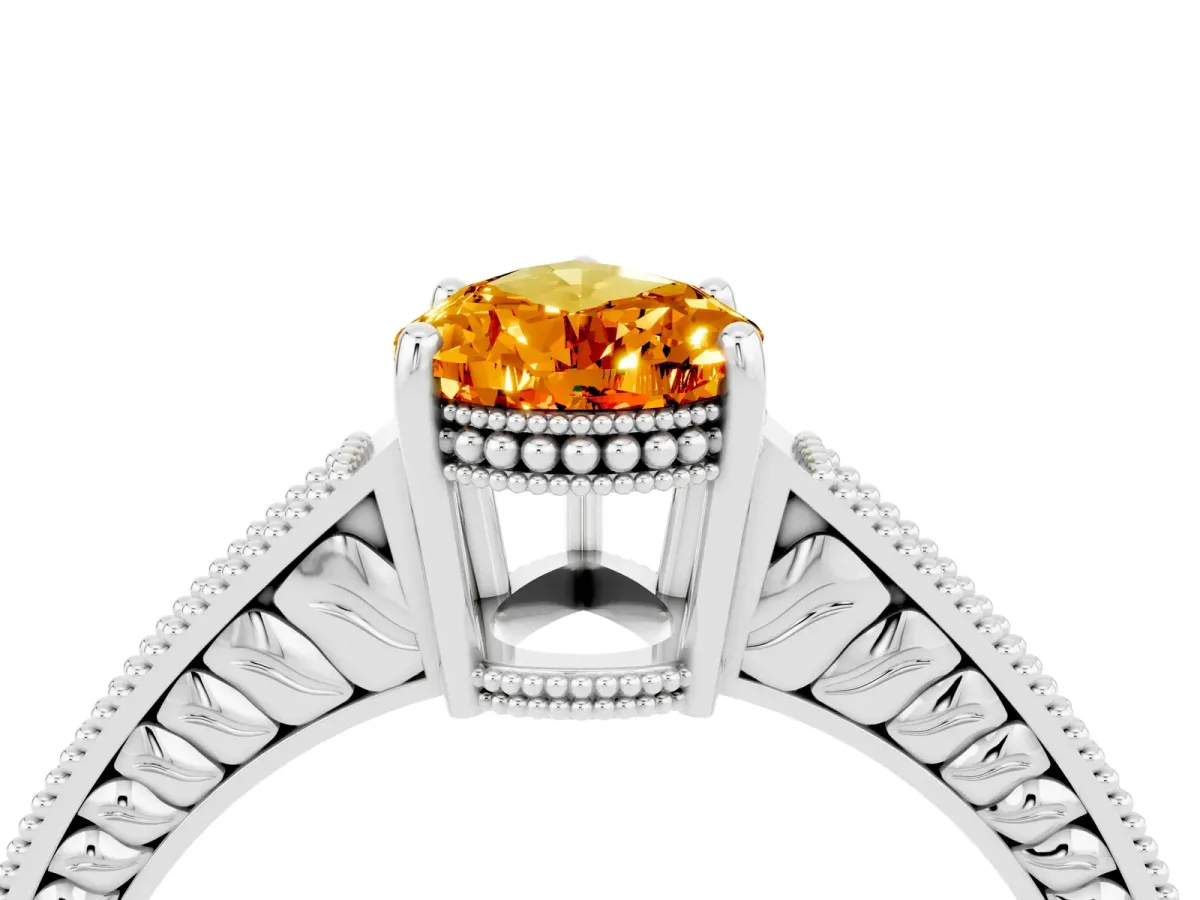 Pear Cut Citrine Ring with Milgrain Pavé Band and Four-Prong Setting Platinum