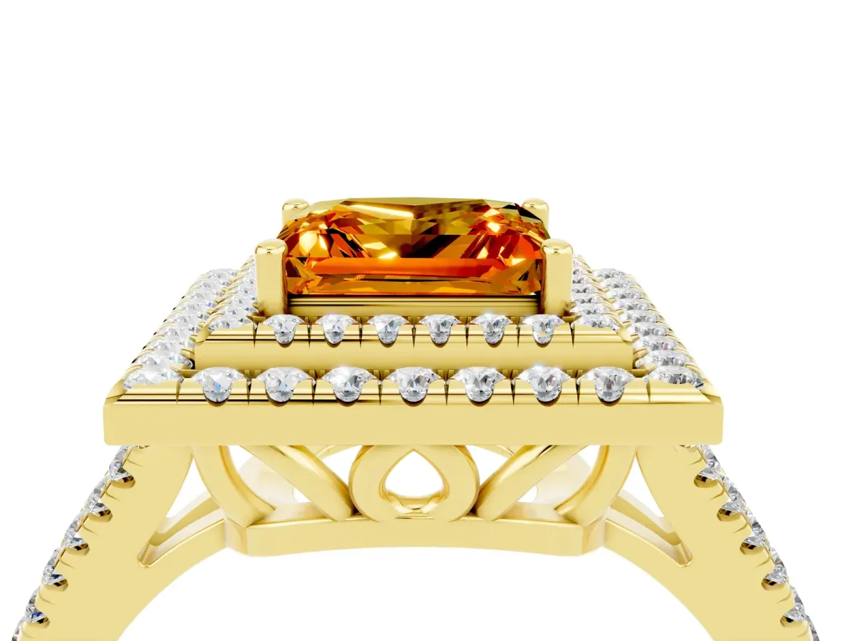 Princess Cut Citrine Double Halo Ring with Pavé Band and Prong Setting Yellow gold
