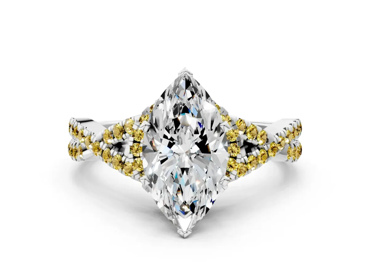 Marquise Cut Diamond Yellow Sapphire Halo Twist Band Solitaire Prong Setting Ring White gold