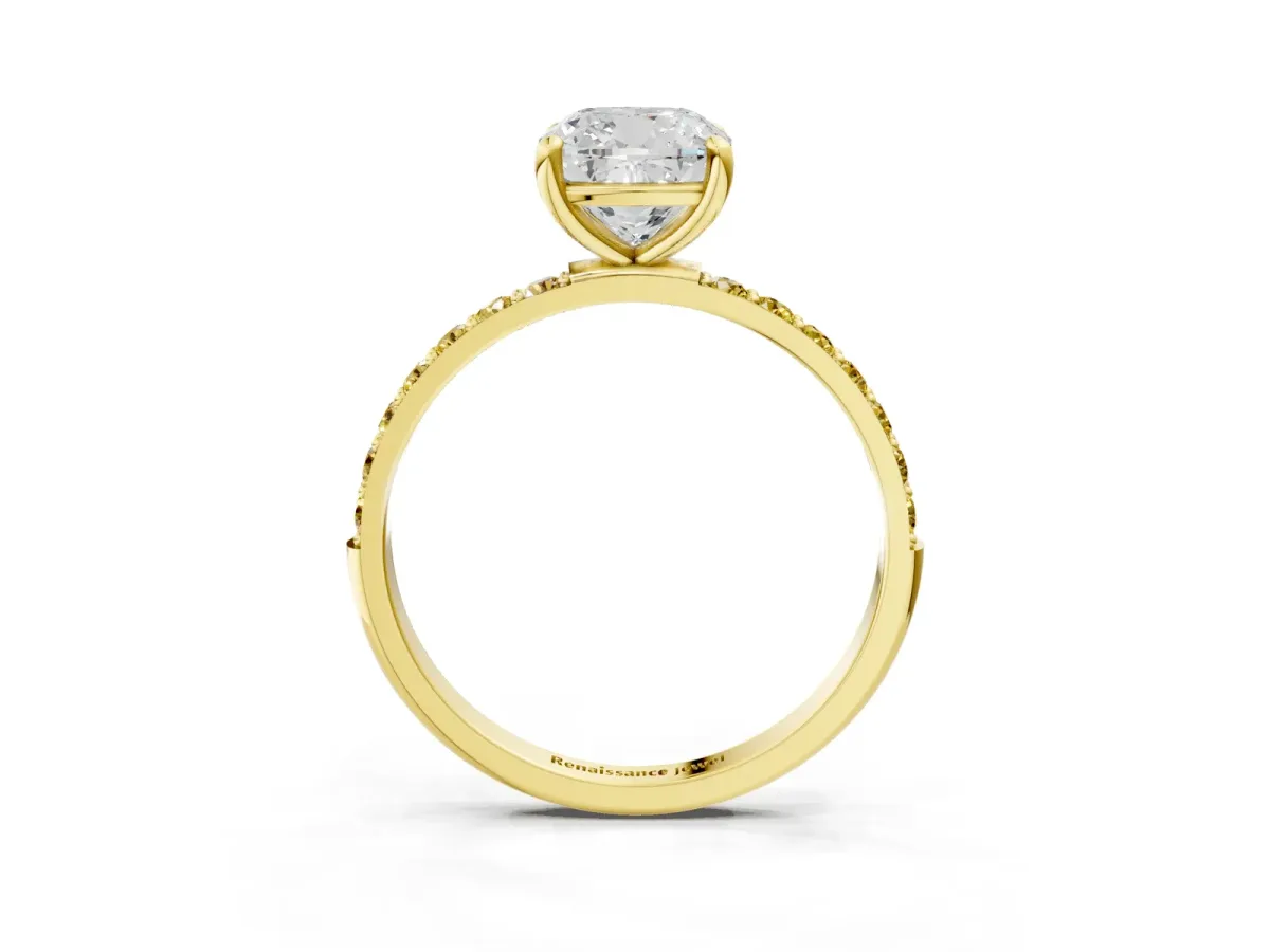 Cushion Cut Diamond Solitaire Ring with Round Yellow Sapphire Pavé Band and Prong Setting Yellow gold