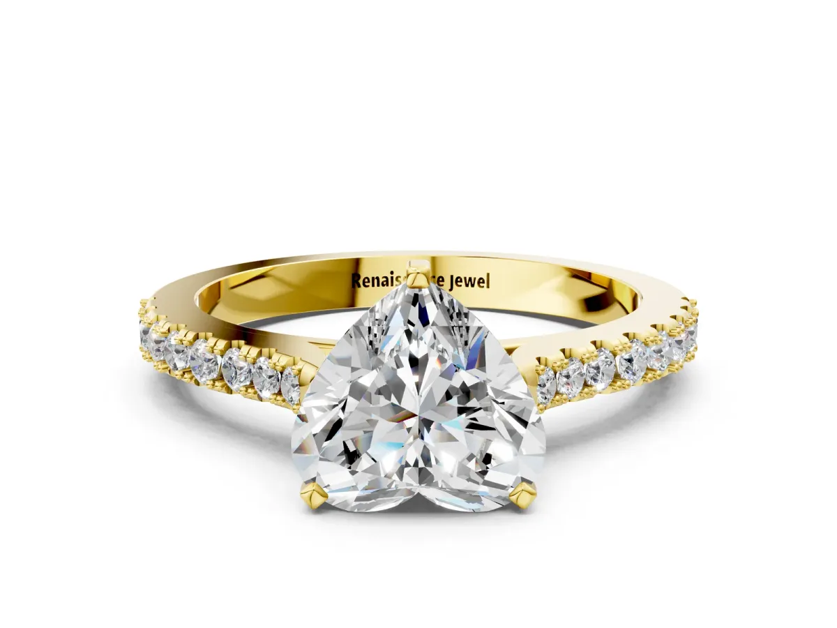 Heart Cut Cut Solitaire Diamond Engagement Ring with Pave Band and Four-Prong Setting Yellow gold