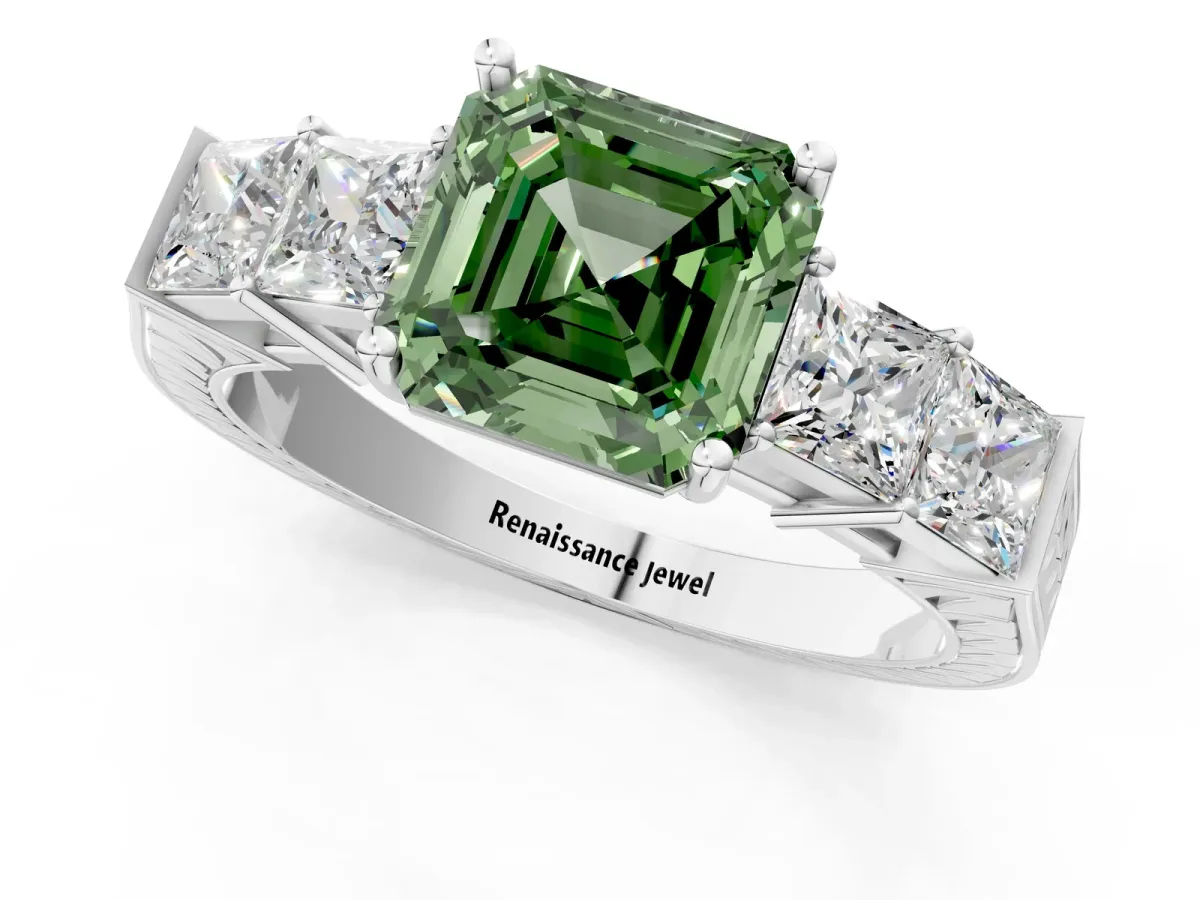 Fancy Green Asscher Cut Solitaire Princess Side Stone Engraved Band Prong Setting Ring Platinum