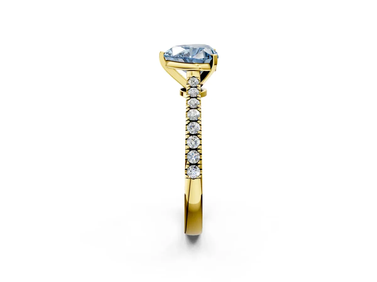 Fancy Blue Heart Cut Cut Solitaire Diamond Engagement Ring with Pave Band and Four-Prong Setting Yellow gold