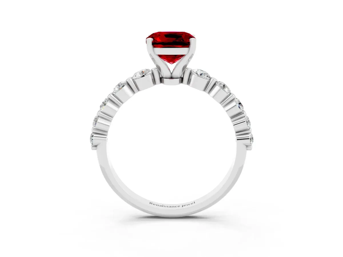 Cushion Cut Solitaire Ruby Ring with Pave Band and Four-Prong Setting Silver