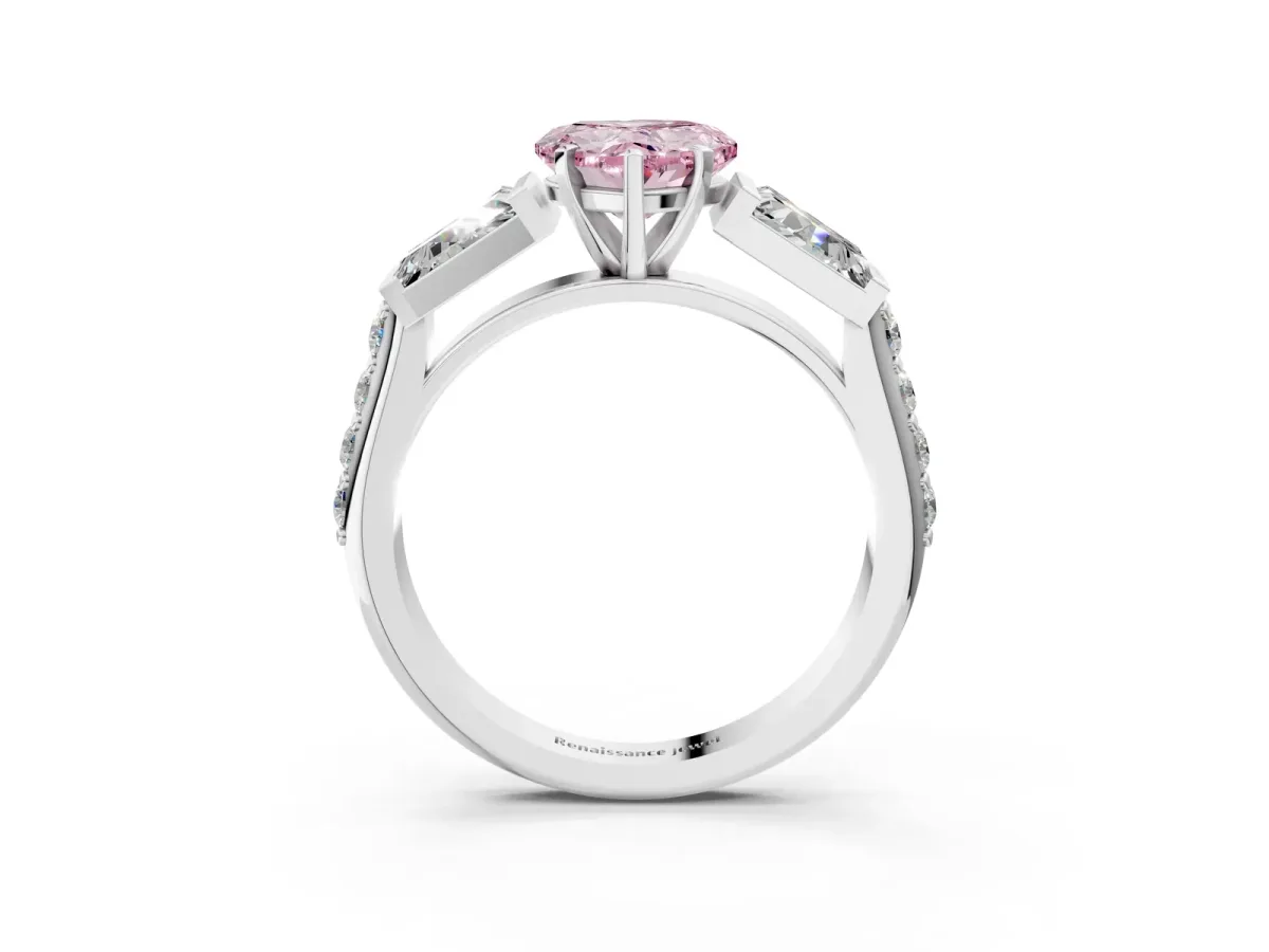 Fancy Pink Heart Cut Diamond Engagement Ring with Baguette Side Stones and Channel Set Band Platinum