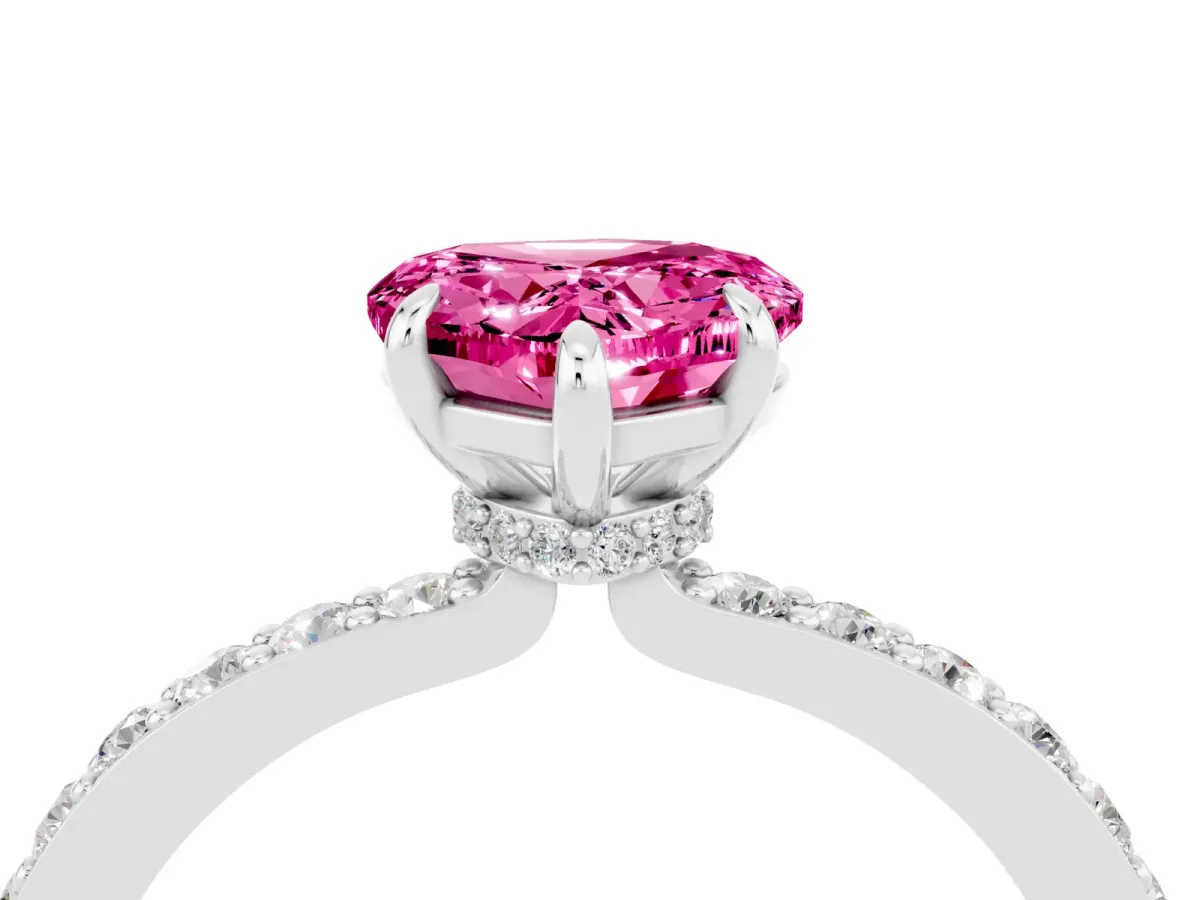 Heart Cut Pink Sapphire Solitaire Engagement Ring with Pavé Band and Four-Prong Setting White gold