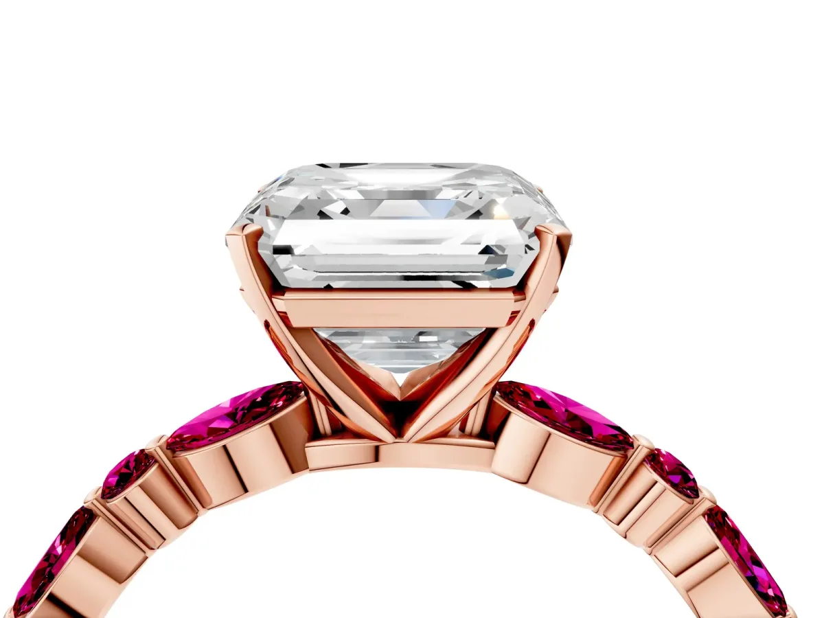 Asscher Cut Diamond Ring with Marquise and Round Garnet Side Stones and Four-Prong Setting Rose gold