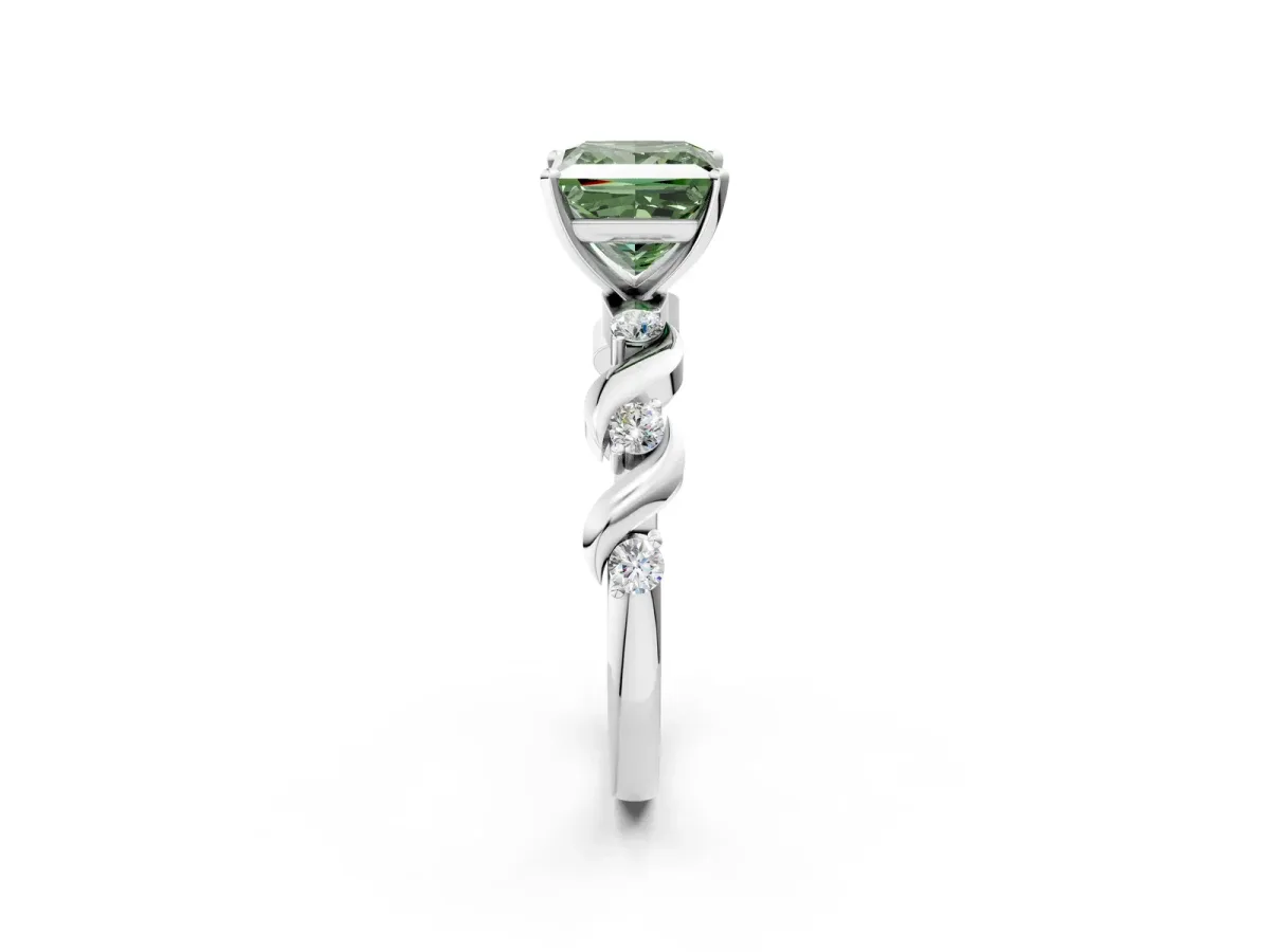Fancy Green Princess Cut Diamond Solitaire Twisted Band with Round Accents and Prong Setting White gold