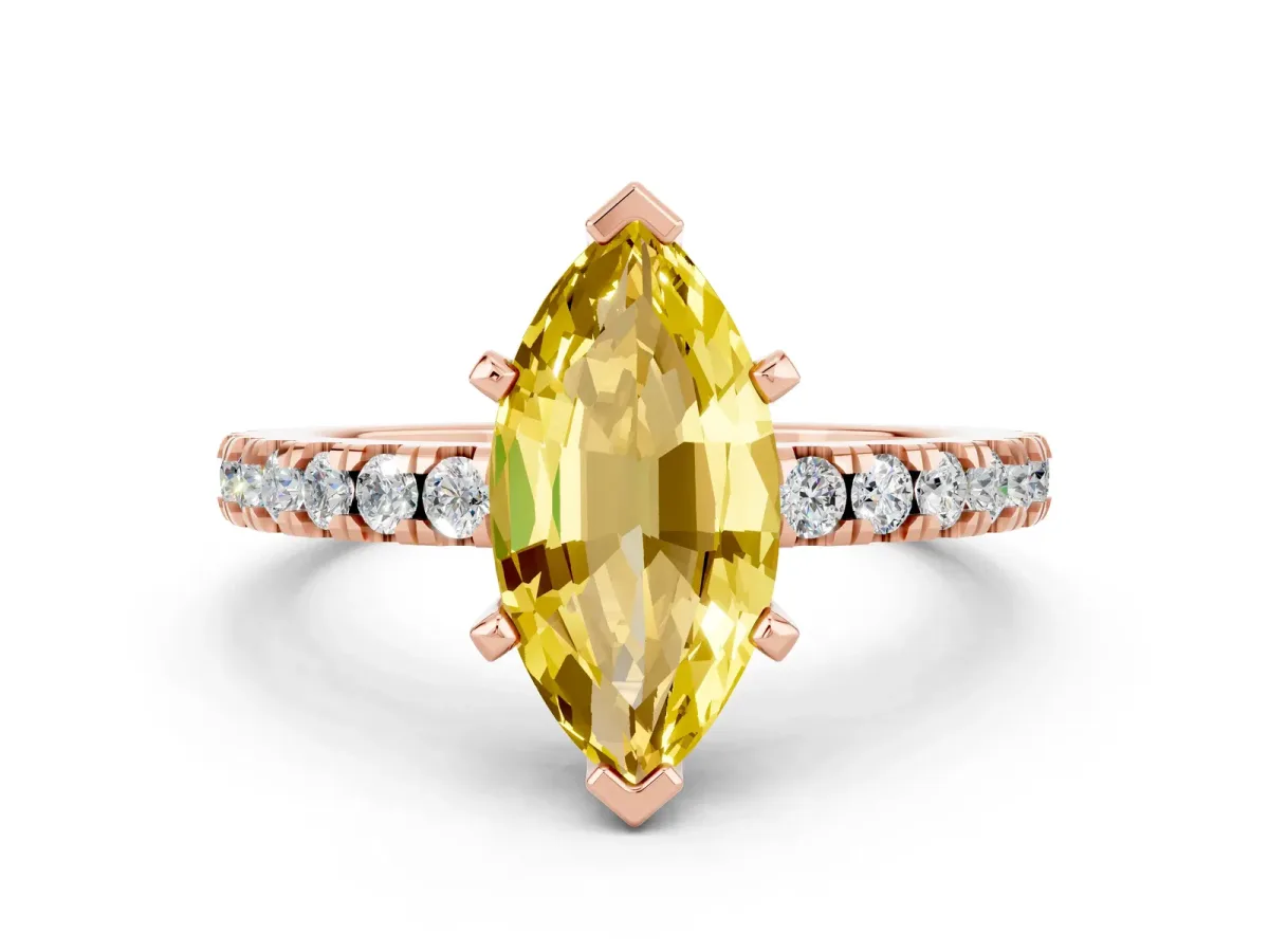 Marquise Cut Solitaire Yellow Sapphire with Pavé Band and Four-Prong Setting Rose gold