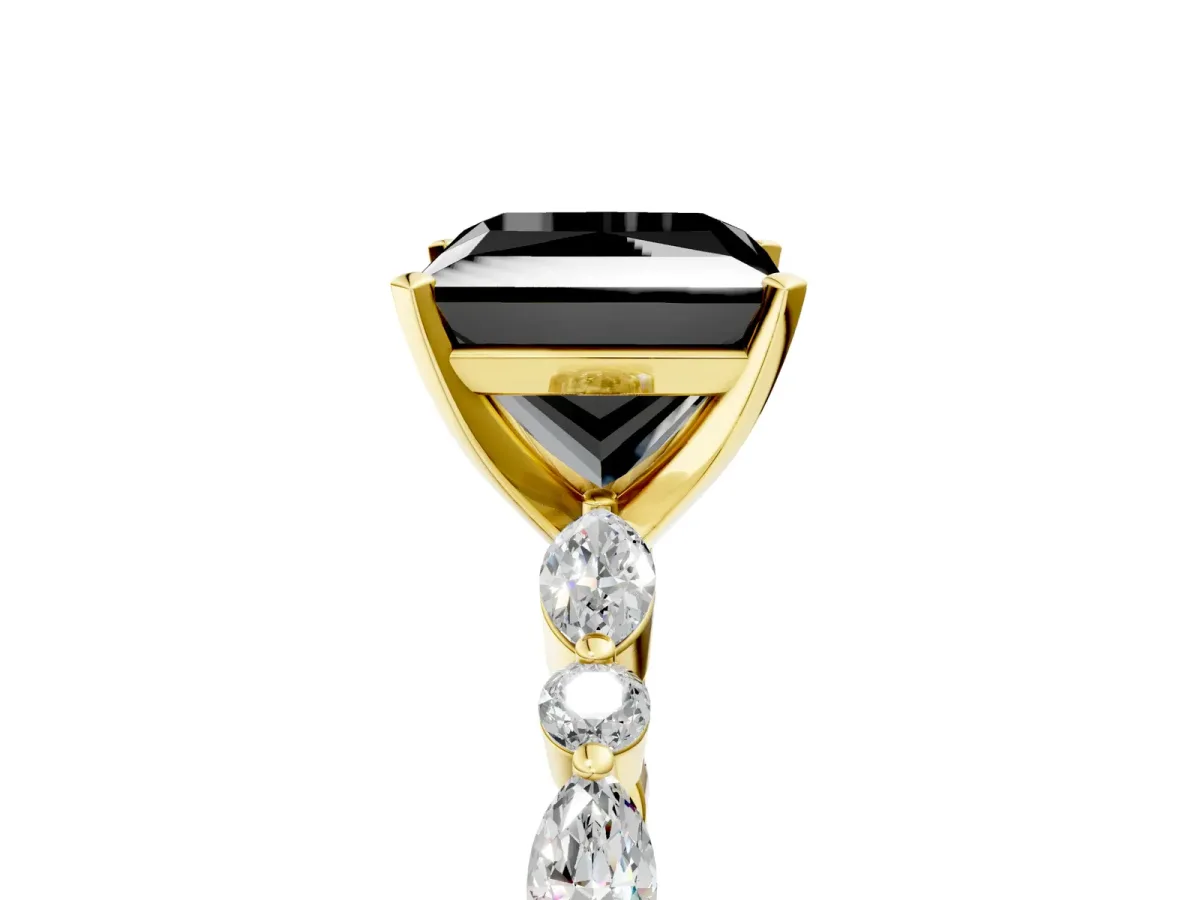Fancy Black Princess Cut Diamond Ring with Marquise and Round Side Stones and Four-Prong Setting Yellow gold