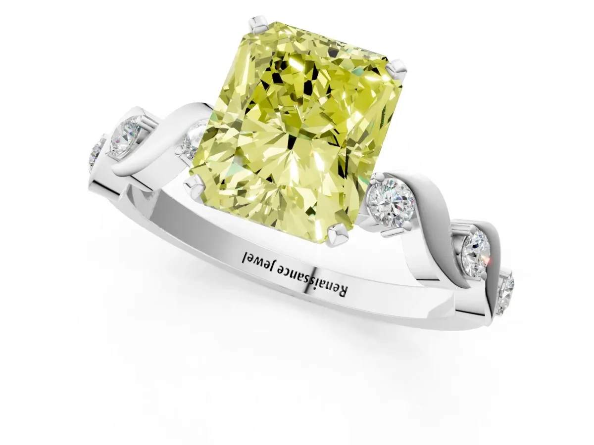 Fancy Yellow Radiant Cut Diamond Solitaire Twisted Band with Round Accents and Prong Setting White gold