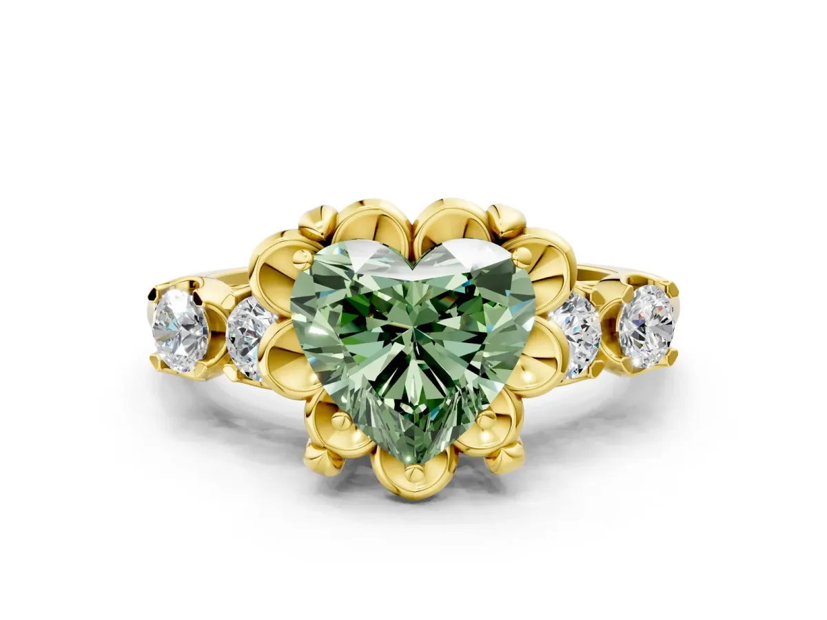 Fancy Green Heart Cut Cut Diamond Floral Halo Engagement Ring with Shared Prong Setting Yellow gold