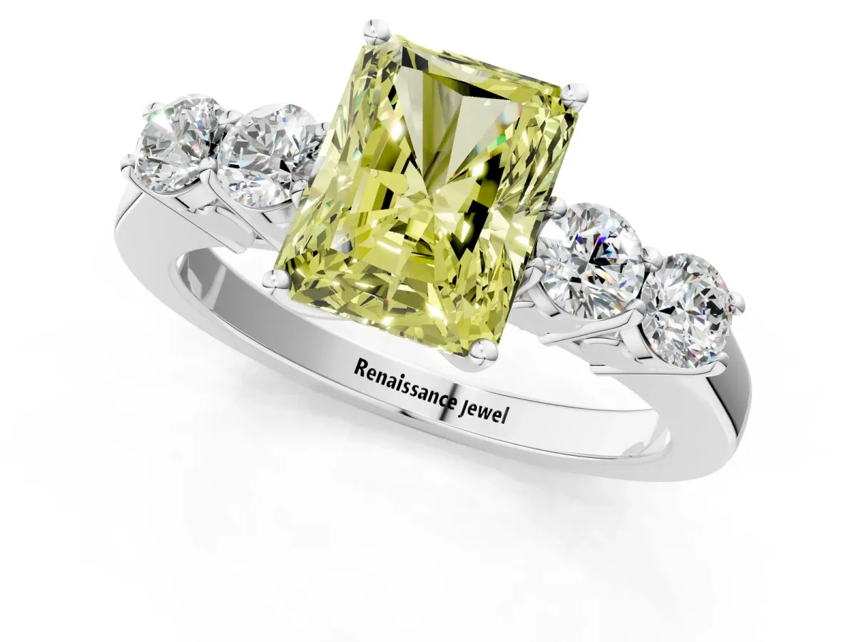 Fancy Yellow Radiant Cut Cut Diamond Five-Stone Prong Set White Gold Ring Platinum