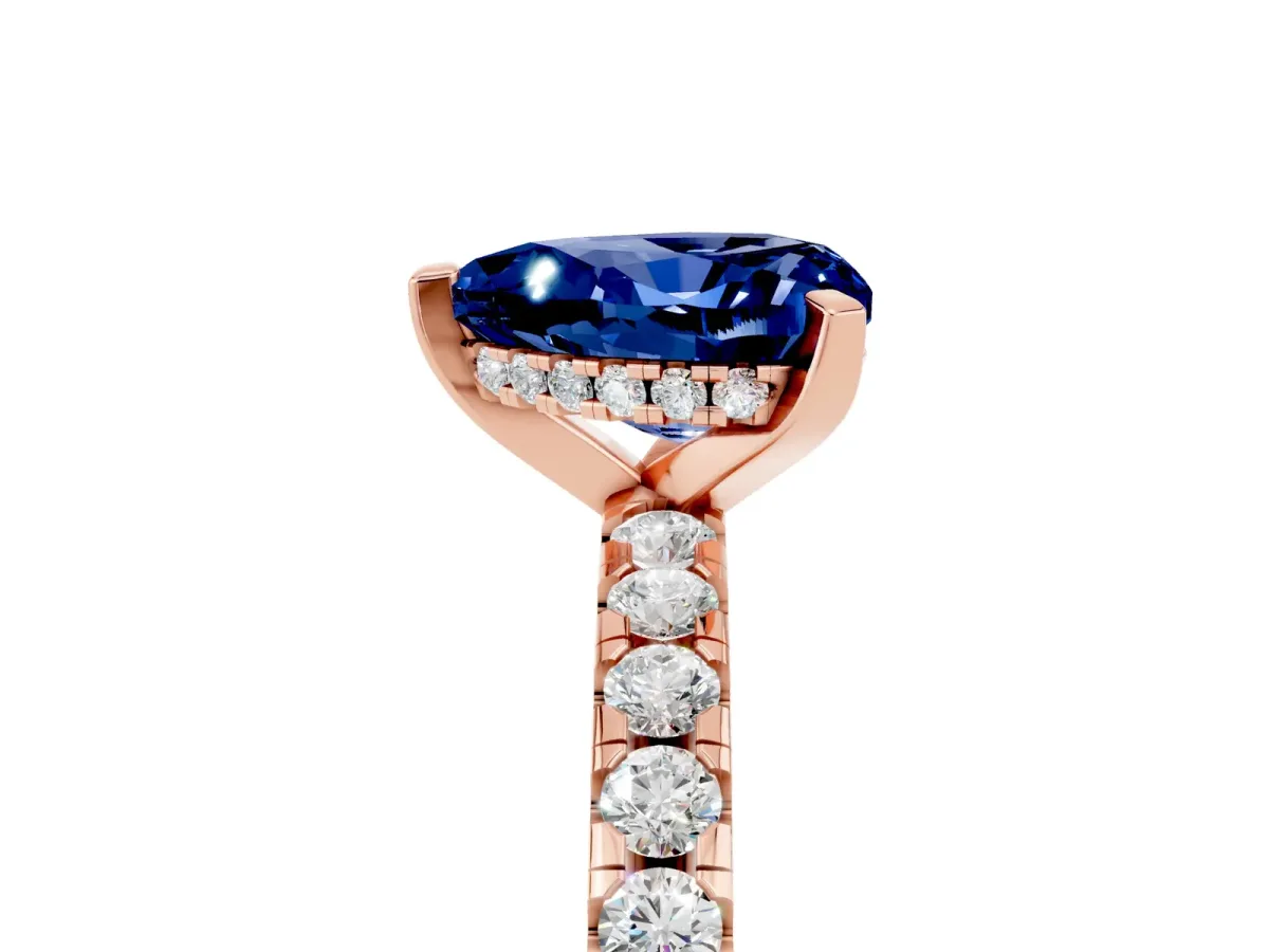 Heart Cut Blue Sapphire Solitaire Ring with Round Pavé Band and Four-Prong Setting Rose gold