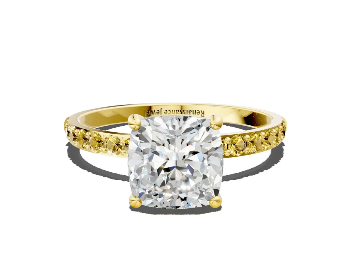 Cushion Cut Diamond Solitaire Ring with Round Yellow Sapphire Pavé Band and Prong Setting Yellow gold