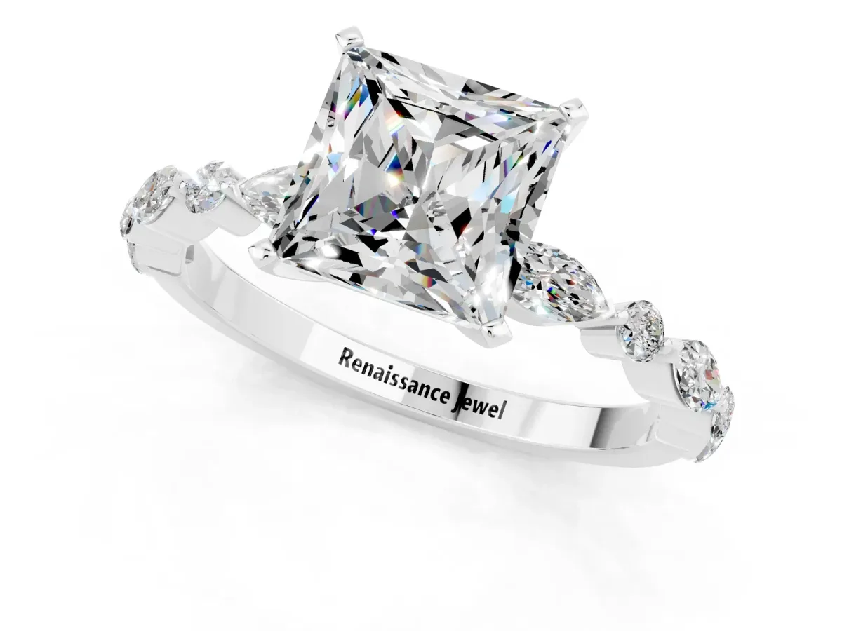 Princess Cut Moissanite Ring with Marquise and Round Side Stones and Four-Prong Setting White gold