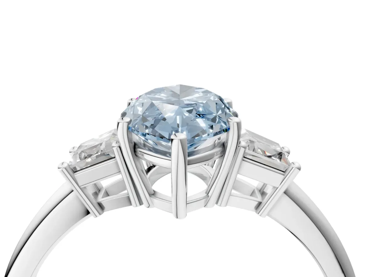 Fancy Blue Marquise Cut Diamond Three-Stone Ring with Trapezoid Side Stones and Prong Setting Platinum