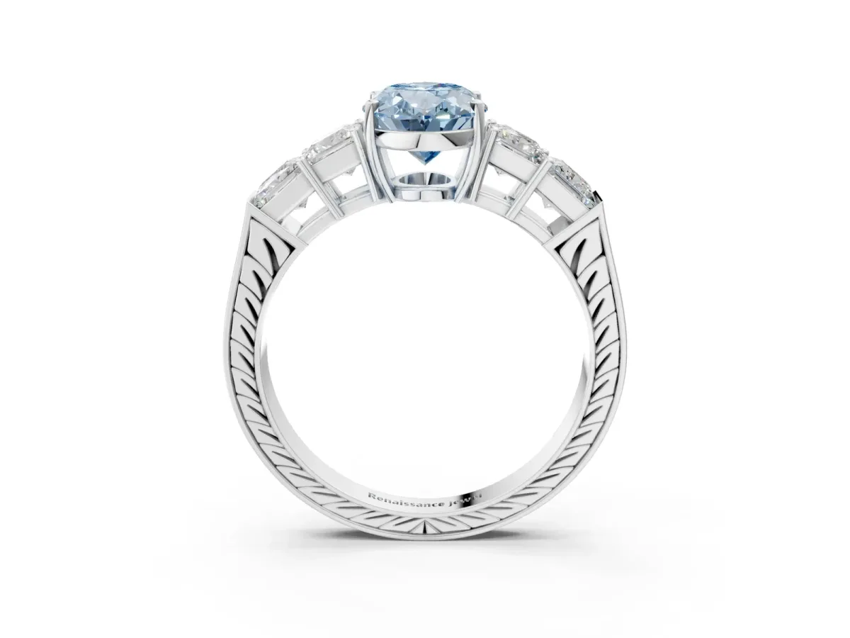 Fancy Blue Oval Cut Solitaire Princess Side Stone Engraved Band Prong Setting Ring Silver