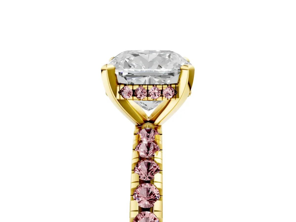 Cushion Cut Diamond Solitaire Ring with Round Morganite Pavé Band and Four-Prong Setting Yellow gold