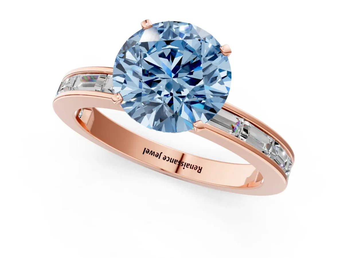 Fancy Blue Round Cut Solitaire Diamond Ring with Channel-Set Baguette Band and Four-Prong Setting Rose gold