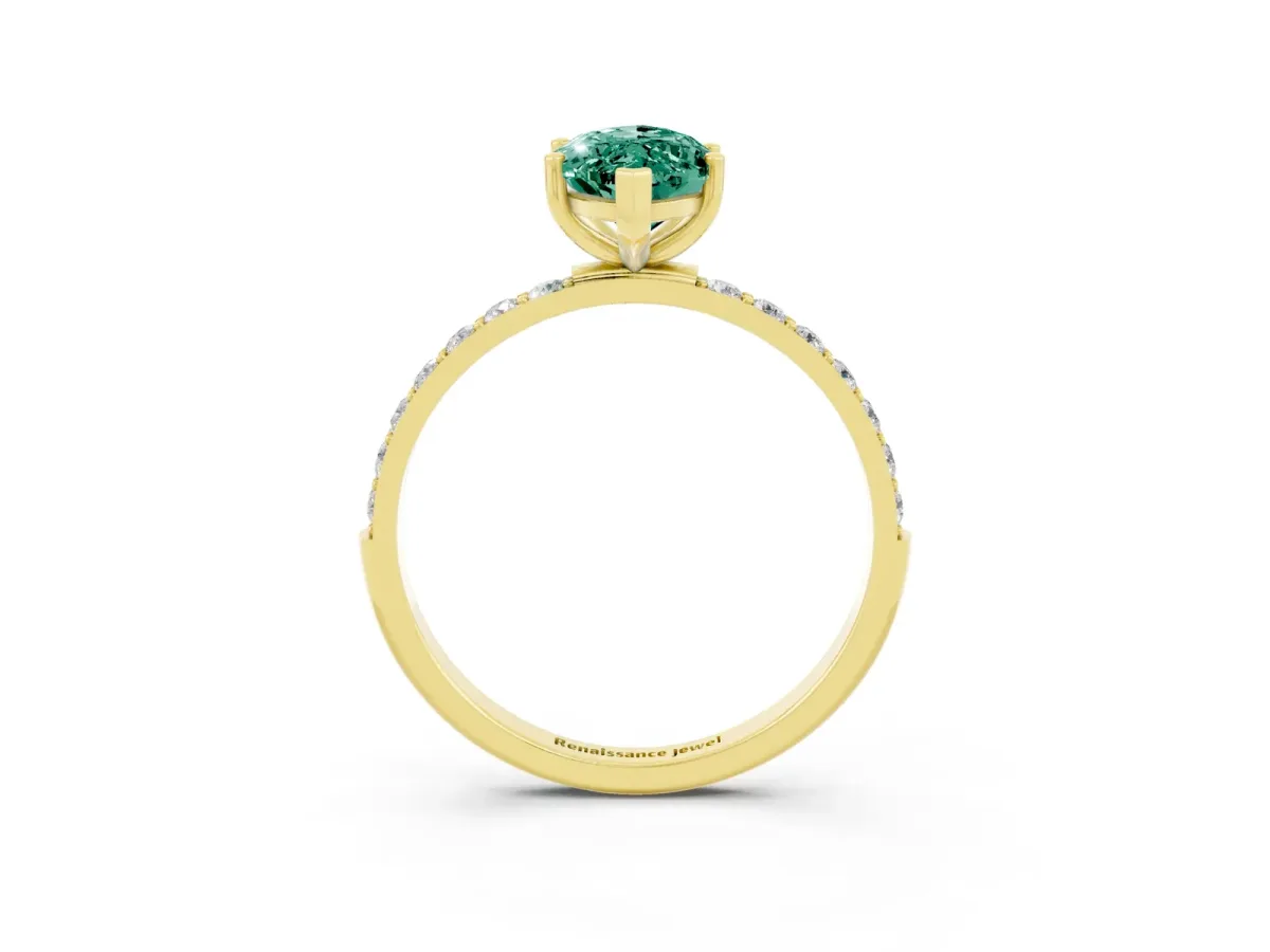 Marquise Cut Green Sapphire Solitaire Ring with Round Pavé Band and Prong Setting Yellow gold