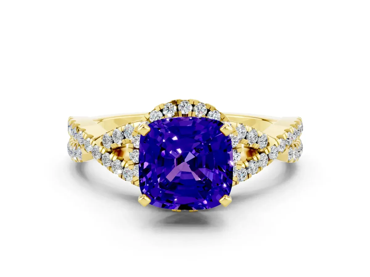 Cushion Cut Tanzanite Halo Twist Band Solitaire Prong Setting Ring Yellow gold