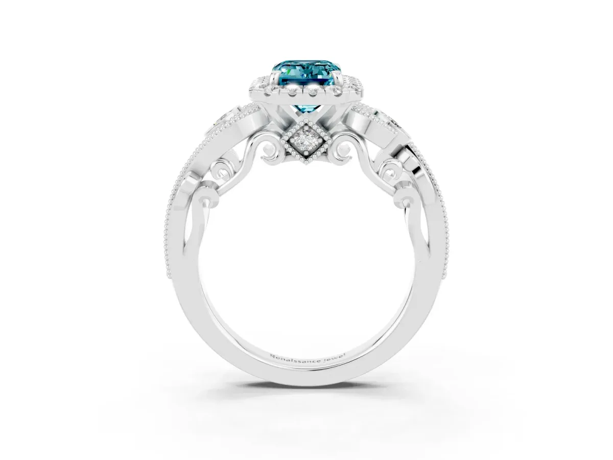 Emerald Cut Blue Topaz Halo Ring with Milgrain Pavé Band and Four-Prong Setting White gold