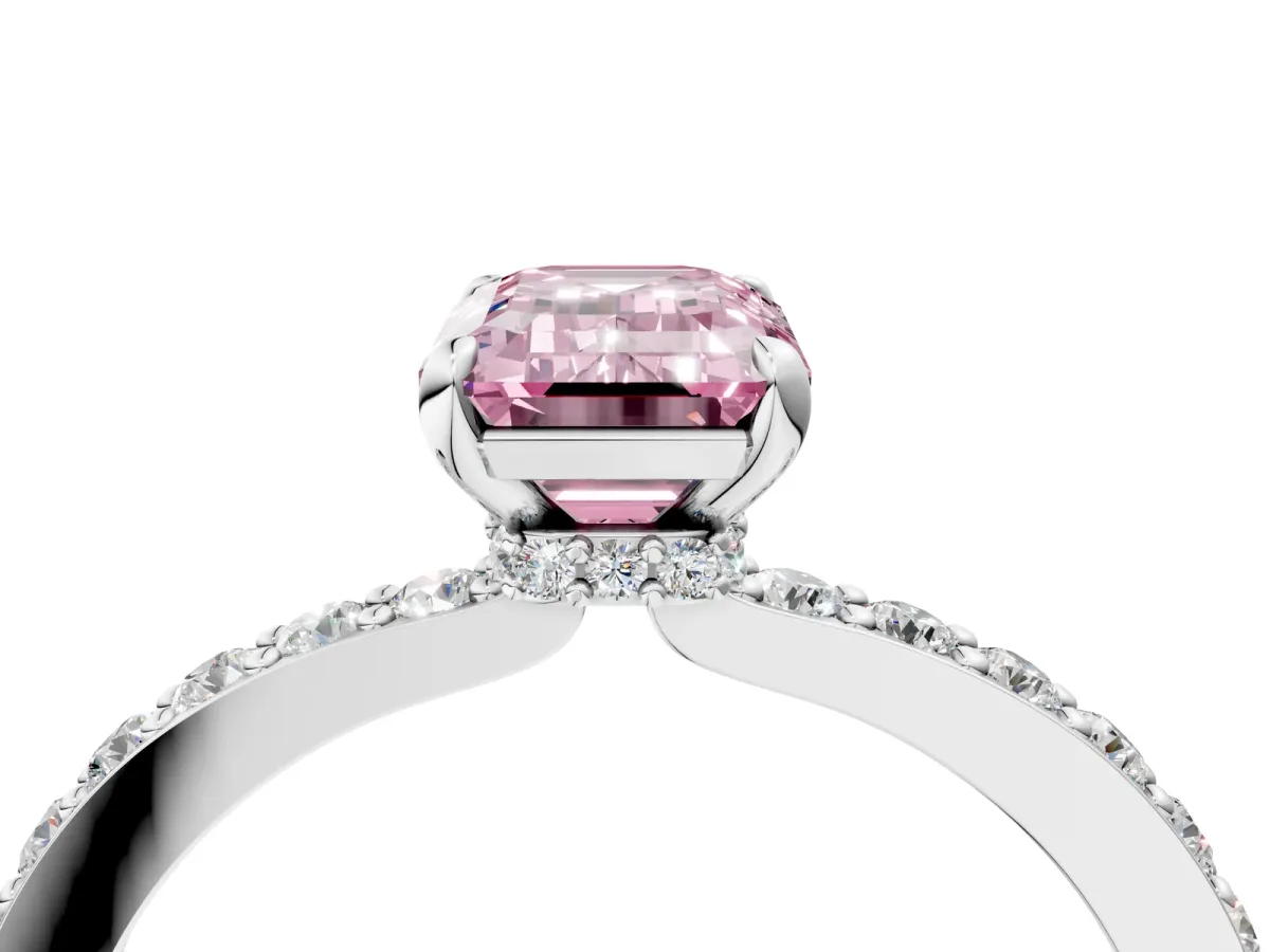 Fancy Pink Emerald Cut Diamond Solitaire Engagement Ring with Pavé Band and Four-Prong Setting Silver